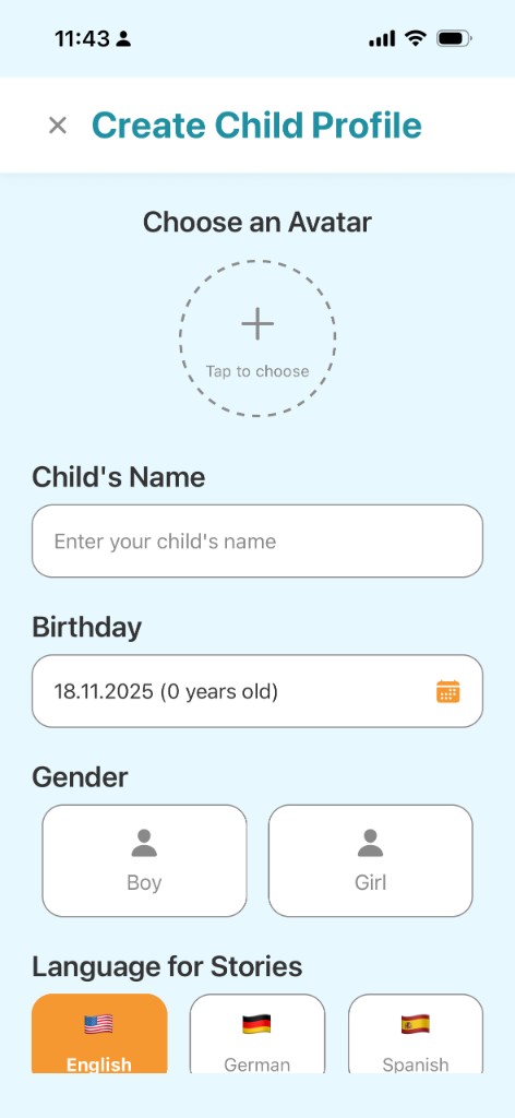 StoryQuest create child profile